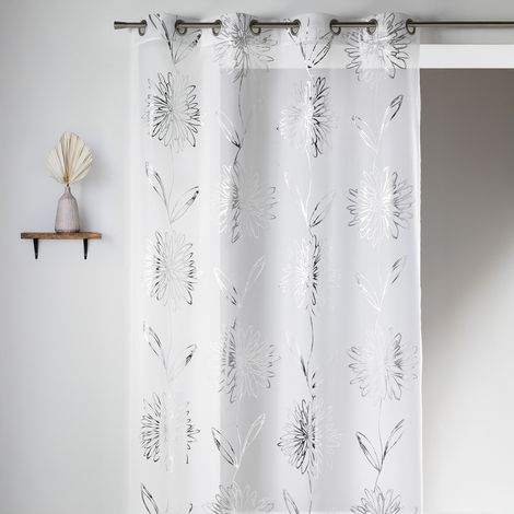 Voilage en Etamine Légère à Impressions Métallisées "Fleur" Blanc 135x240 cm