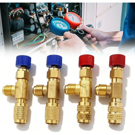 4 Pièces - Adaptateur de Valve - Soupape de Sécurité - Régulation Réfrigérant pour Climatisation et Réfrigération Rouge et Bleu 68x25mm (1/5)