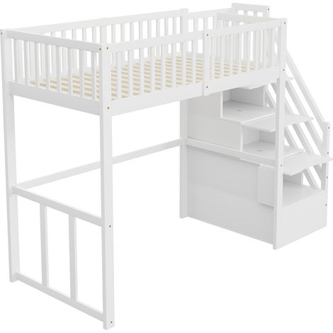Letto a soppalco 90 x 200 cm con scala contenitore, legno bianco (1/5)