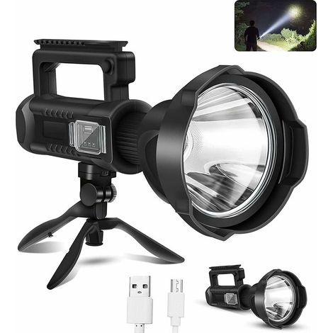 Rechargeable Spotlight Torch High Lumen, 100000 Lumen Super Bright LED Searchlight with Tripod and USB Output and Input, IPX5 Waterproof 4 Mode Handheld Spotlight for Camping Emergency (1/5)
