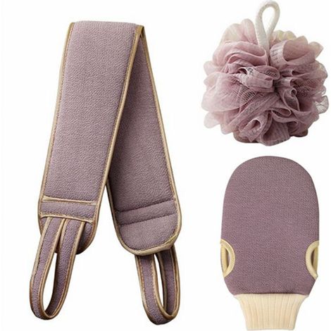 Paquete de 3 toallas de limpieza corporal, cepillos suaves, bolas de ducha, exfoliantes de espalda, guantes de baño (color café morado)