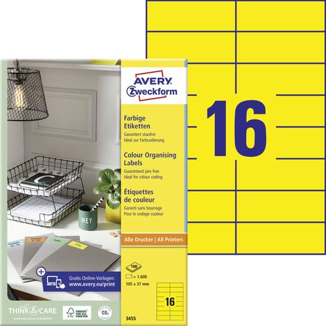 Avery Zweckform 3455 Farbige Etiketten, A4, 105 x 37 mm, 100 Bogen/1.600 Etiketten, gelb (1/5)
