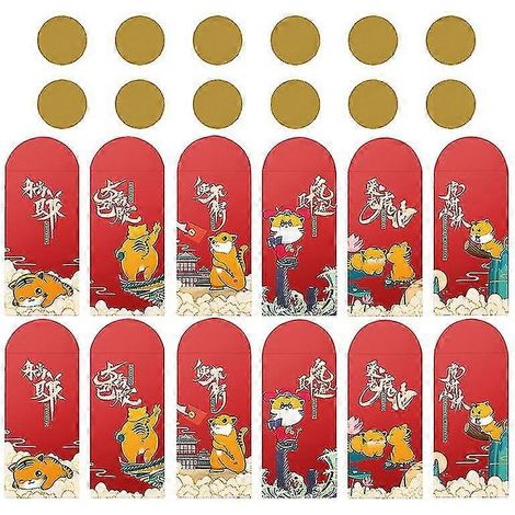 24 enveloppes rouges Année du Tigre, pochettes rouges avec autocollants repositionnables (couleurs assorties) (1/5)