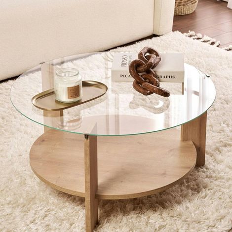 Pier Import – Table basse fixe en verre trempé double plateau – Effet chêne – Dimensions 75x75x40 cm – Idéale pour salon moderne (1/5)