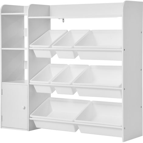 Mophorn Spielzeugaufbewahrung und Bücherregal, 4-stufiges Regal mit 8 flexiblen Kunststoffboxen, vielseitiger Schrank für Schlafzimmer, Klassenzimmer und Kinderzimmer, weiß