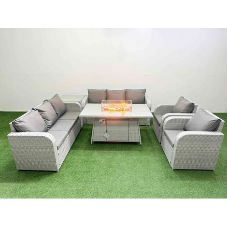 Fimous PE Rattan High Back Lounge Sofa Set Patio Firepit Dining Table & Chairs Set with 3 Seater Sofa Reclining Chair Side Table Light Grey (1/4)