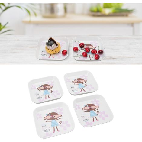 Ensemble de 4 assiettes à goûter/assiettes à cracher les os pour un usage domestique, petite assiette carrée, assiette à fruits, assiette à déchets, plat à goûter, assiette en forme de singe. (1/5)