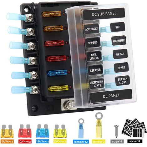 Porte-fusible 12 voies avec voyant de court-circuit, 16 pieces de fusibles ordinaires + 14 cosses a anneau pour tube thermoretractable - modele : 45 (1/5)