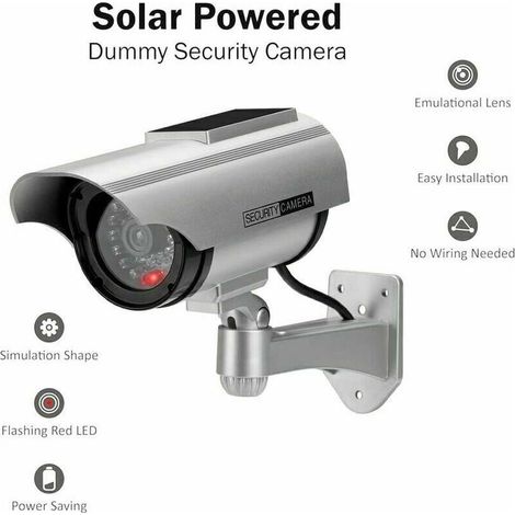Caméra de surveillance intérieure/extérieure factice à énergie solaire, caméra dôme de sécurité CCTV avec lumière clignotante LED pour usage extérieur, domicile ou entreprise (Argent - 1 pièce) (1/3)