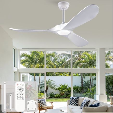 Ventilateur de plafond lumineux 132x132x30 cm en bois blanc avec télécommande pour salon – MEUBLIV (1/5)