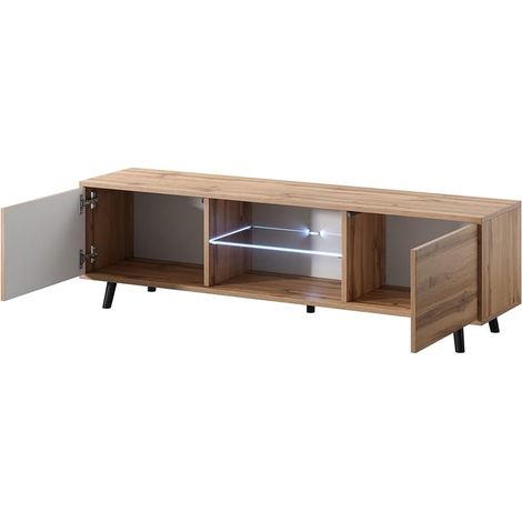 Porta Televisore Con 2 Ante Battenti Vano Centrale Con Ripiano In Vetro E LED Mobile TV In Melaminico Con Piedini In Metallo Per Soggiorno Salotto Zona Living 140 X 31.5 X 40 Cm Rovere (1/5)