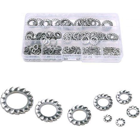 300 Pièces 304 Dents en Acier Inoxydable Externe étoile Rondelles de Blocage Assortiment Kit Inclus: M2.5 M3 M4 M5 M6 M8 M10 M12