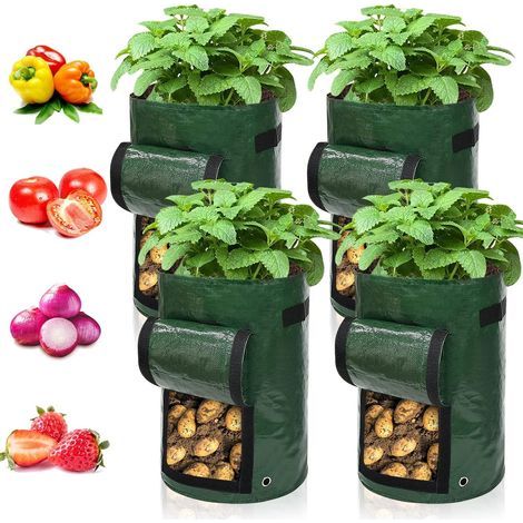 Lot de 4 Sacs de Culture pour Pommes de Terre, Carottes, tomates, concombres et Autres légumes Fabriqué en polyéthylène Vert (1/5)