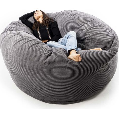Pouf rond XXL déhoussable en velours côtelé gris – Rembourrage en billes de polystyrène – Confort intérieur pour salon et chambre