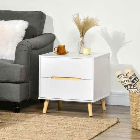 HOMCOM Nachttisch mit 2 Schubladen und Holzbeinen, moderner Stil, 50 x 40 x 50,5 cm, Weiß