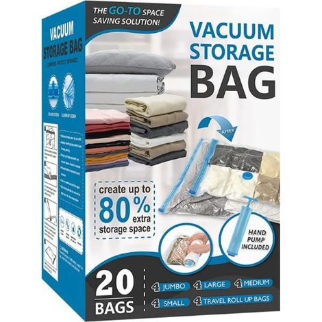 Lot de 20 sacs de rangement sous vide pour vêtements, avec valve hermétique et pompe manuelle - STORAGEBAG (1/5)