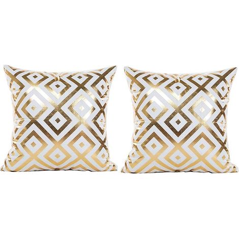 Lot de 2 Taies d'Oreiller Blanc 45x45cm, Lin à Imprimé Or, Coussin Carré Décoratif pour Canapé et Lit (1/3)