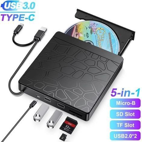 Externes CD/DVD-Laufwerk, externer USB 3.0-DVD-Brenner mit SD/TF-Kartenleser und USB-Flash-Laufwerksanschluss, CD/DVD-RW-Brenner