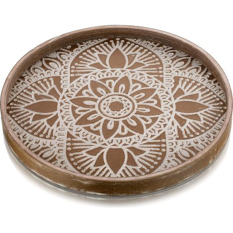 Plateau Bois Decoratif Rond: Plats et Plateaux de Service Rustique Boho Petit Marron Plateau Cafe Table Vintage Deco Plat pour Repas Canapé Cuisine, 30cm (1/5)