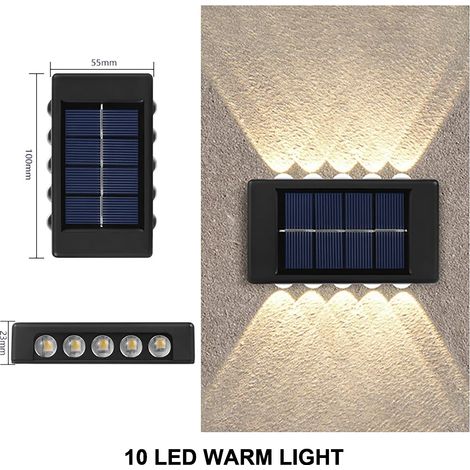 (Lot de 2 lampes solaires à 10 LED, lumière chaude) Nouvelles appliques murales solaires d'extérieur étanches, lampe solaire LED à éclairage indirect (haut et bas), compatible avec les jardins, balcon (1/5)