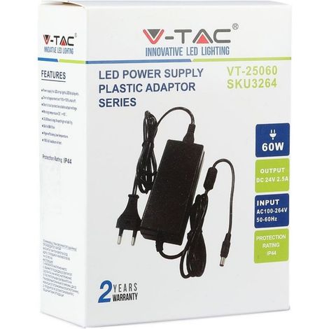 V-TAC VT-25060 Alimentatore switching stabilizzato 60W 24V 2.5A jack 2.1mm Plug&play cavo 2.4mt - SKU 3264