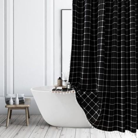 Schwarzer Duschvorhang – Bohème-Stil – Karomuster – Vintage – Landhausstil – Leinenoptik – Mit Quasten – Für Badezimmer und Badewanne – 180 x 210 cm