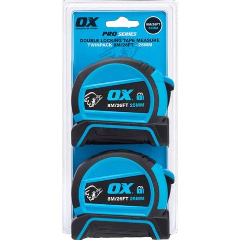 OX Pro Tape Measures Dual Auto Lock Double Sided Tape Twin Pack 8m /26ft P505488 (1/5)
