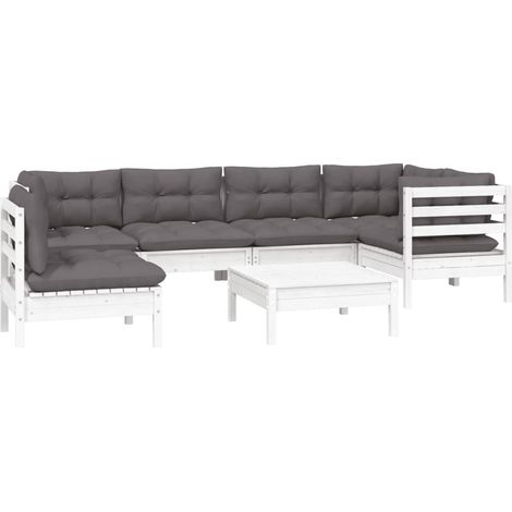 vidaXL Set Divani da Giardino 7 pz con Cuscini Bianchi Legno di Pino (1/4)