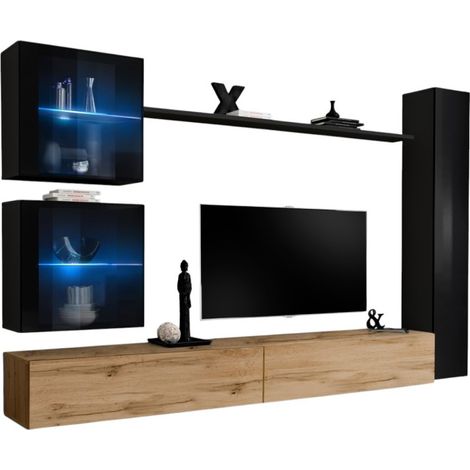 Composición mural SWITCH XVIII mueble TV suspendido roble Wotan y negro brillante