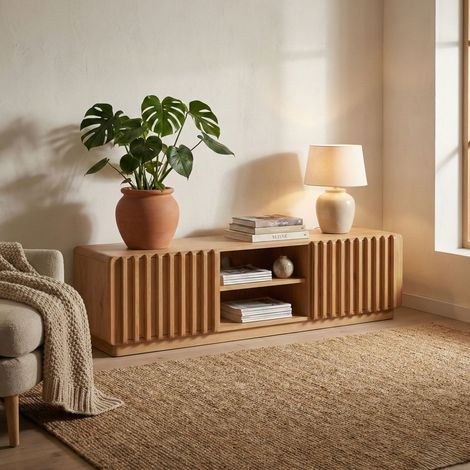 Meuble TV 2 portes 2 niches 180x46x45 cm chêne naturel (1/5)