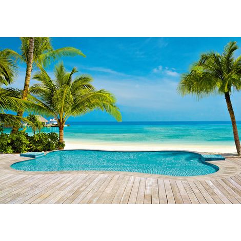 Papier peint panoramique zen vue plage | Tapisserie panoramique vert et bleu style moderne | Papier peint panoramique salle de bain paysage palmier - 366 x 254 cm (8 pièces) (1/2)