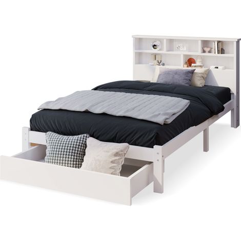 Bett mit Schublade 90 x 200 cm aus Massivholz, Einzelbett mit Verstellbarer Schublade, 6 Fächer, Ohne Matratze, Weiß (1/5)