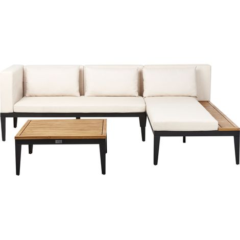 Conjunto de jardín 3 plazas de madera de acacia certificada sofá esquinero con mesa de centro cojines beige claro izquierdo Bracciano