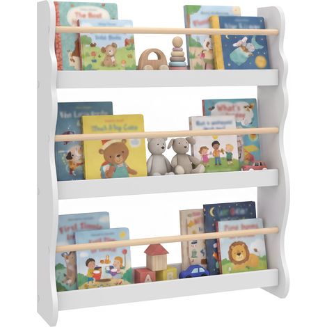 Bibliothèque murale pour enfant - AIYAPLAY - 3 niveaux 3-8 ans pour salle de jeux, salon et coin lecture - bois - 60x15x73cm - blanc (1/5)