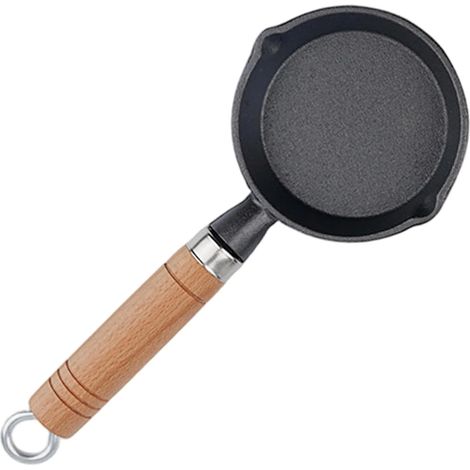 Mini poêle à frire, mini poêle en fonte, poêle ronde antiadhésive de 4 pouces avec 2 becs verseurs, petite poêle portable pour œufs avec manche en bois suspendu pour cuisinière à gaz et plaque à induc (1/5)
