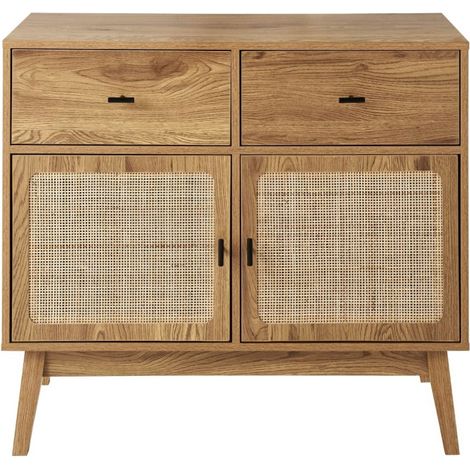 Cassettiera con 2 ante con frontali in rattan, 2 cassetti e gambe in legno L90 cm