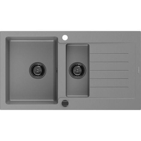 Mexen Matias 1,5-Becken-Granitspüle mit Abtropffläche 900 x 505 mm, Grau, Siphon Schwarz - 650290150