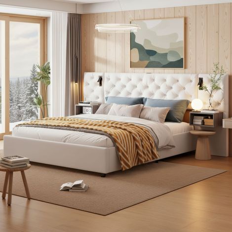 Letto contenitore 160x200, letto matrimoniale con illuminazione LED e porte USB/Type-C, letto per adulti, testiera con vano contenitore, comodini sospesi, velluto, Stile moderno, Beige (1/5)