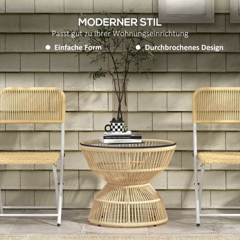 Table basse extérieur en rotin synthétique, table de patio avec plateau verre, 60x60x50 cm, couleur naturelle, mobilier jardin (1/4)