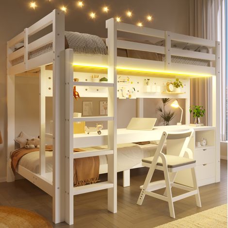 Kinderhochbett 90x200/140x200 cm aus Kiefer mit Schreibtisch, Schubladen und Lochplatte (1/5)