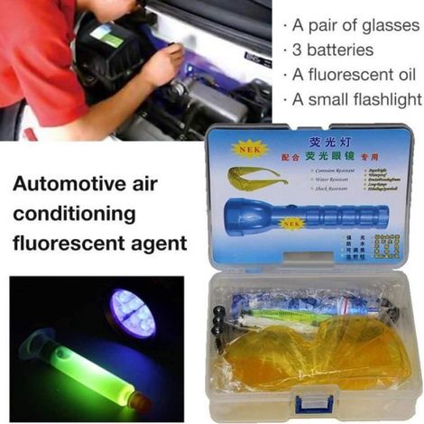Kit d'étanchéité système climatisation R134A R12, détecteur avec lampe de poche LED UV, peinture de protection UV pour voiture (1/4)