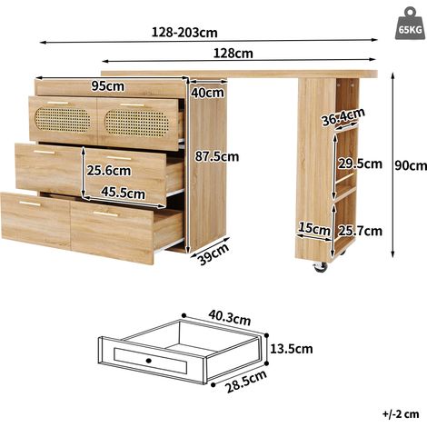 Table haute avec 6 tiroirs et portes en rotin PE, pivotante à 360° avec protection anti-bascule, grand rangement, poignées métalliques, table de bistrot pour salon, cuisine, salle à manger, bureau (1/5)