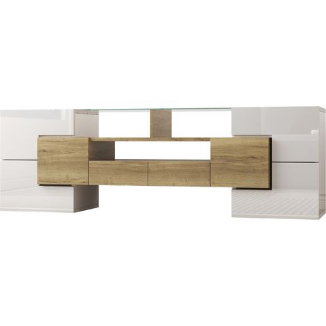 Mobile TV Lowboard 145 cm bianco lucido e legno con illuminazione LED e superficie in vetro MODENUIT (1/5)