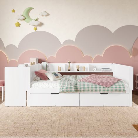 Lit simple 90x200 cm en pin et panneau de particules blanc, avec bureau intégré, 2 tiroirs et étagères, sans matelas