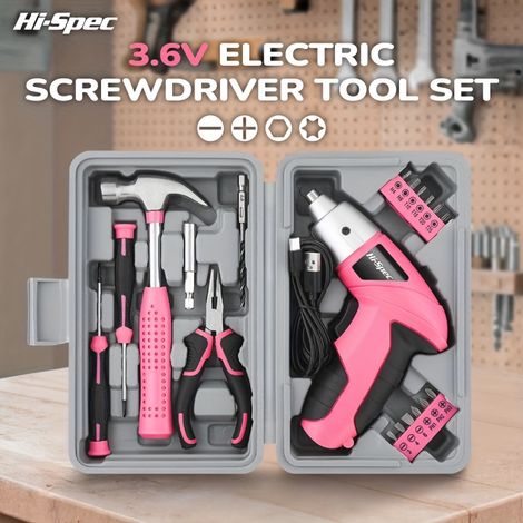 Tournevis Électrique Rose 3.6v + Ensemble d'Outils Manuels Compact et Portable, Inclut Marteau, Pinces, Tête de Tournevis, Outils de Base pour la Réparation Domestique