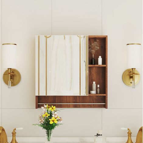 Armadietto specchio bagno 69x63x12,5 cm in MDF noce, con vano contenitore FloraGrace (1/5)