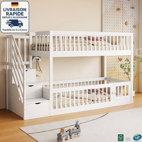 MODFU - Letto per bambini in legno 90×200cm 2 persone, letto a castello con scaletta contenitore, letto singolo, anticaduta, senza materasso, bianco (1/5)