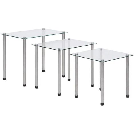 Set de 3 tables gigognes verre trempé transparent et pieds métal gris Rosi (1/5)