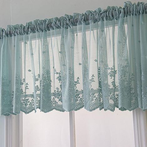 Kurze Halbgardinen, kleine Voile-Gardinen aus Spitze für Küche, Café, Halbgardinen, Gardinenblende für Café, Küche, Badezimmerfenster (Blaues Set) (1/4)