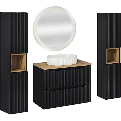 Badmöbel Set 4-teilig, 80cm Waschtisch & LED-Spiegel, in schwarz mit Eiche, gerillte Front, NEWPORT-56-BLACK (1/5)